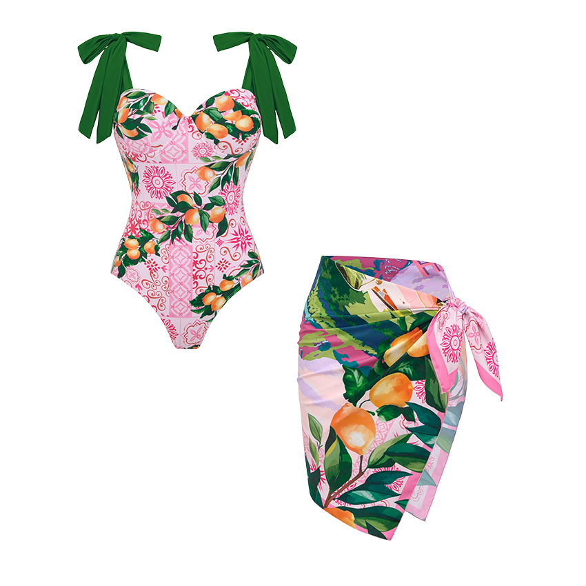 Bandage Bowknot Design Lemon Print Swimsuit Set(s)